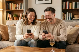 Couple jouant à Questions Les Zamours en ligne via smartphone sur canapé lors d'un appel vidéo