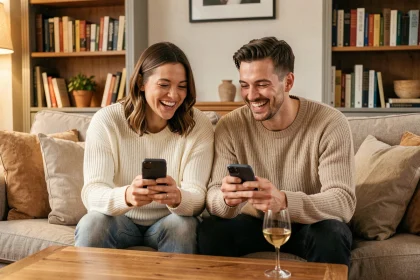 Couple jouant à Questions Les Zamours en ligne via smartphone sur canapé lors d'un appel vidéo