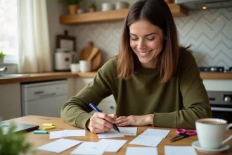 Femme créant des cartes de jeu de mimes maison à une table en bois avec des fiches, marqueurs et notes colorées