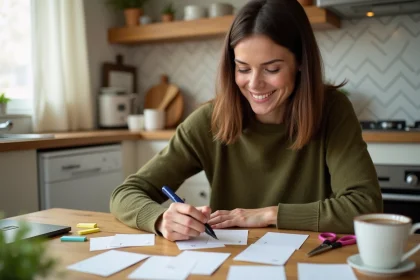 Femme créant des cartes de jeu de mimes maison à une table en bois avec des fiches, marqueurs et notes colorées
