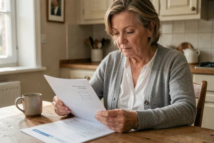 Femme consultant une check-list administrative sur papier pour déclarer un décès à la CPAM, assise à une table en bois