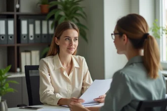 Salariée enceinte présentant sa demande de congé allaitement à une responsable RH dans un bureau professionnel