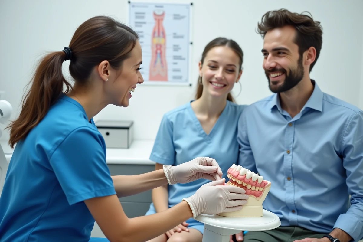Dentiste pédiatrique expliquant à des parents l'ordre d'apparition des dents de bébé avec un schéma de percée dentaire