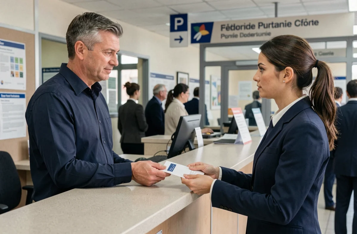Homme déposant une enveloppe à un guichet administratif dans le cadre d'une démarche de déclaration de décès à la CPAM