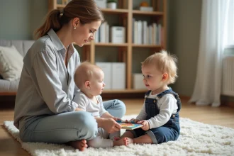 Mère observant ses deux jeunes enfants communiquer ensemble sur un tapis de salon, illustrant le développement du langage chez le deuxième enfant