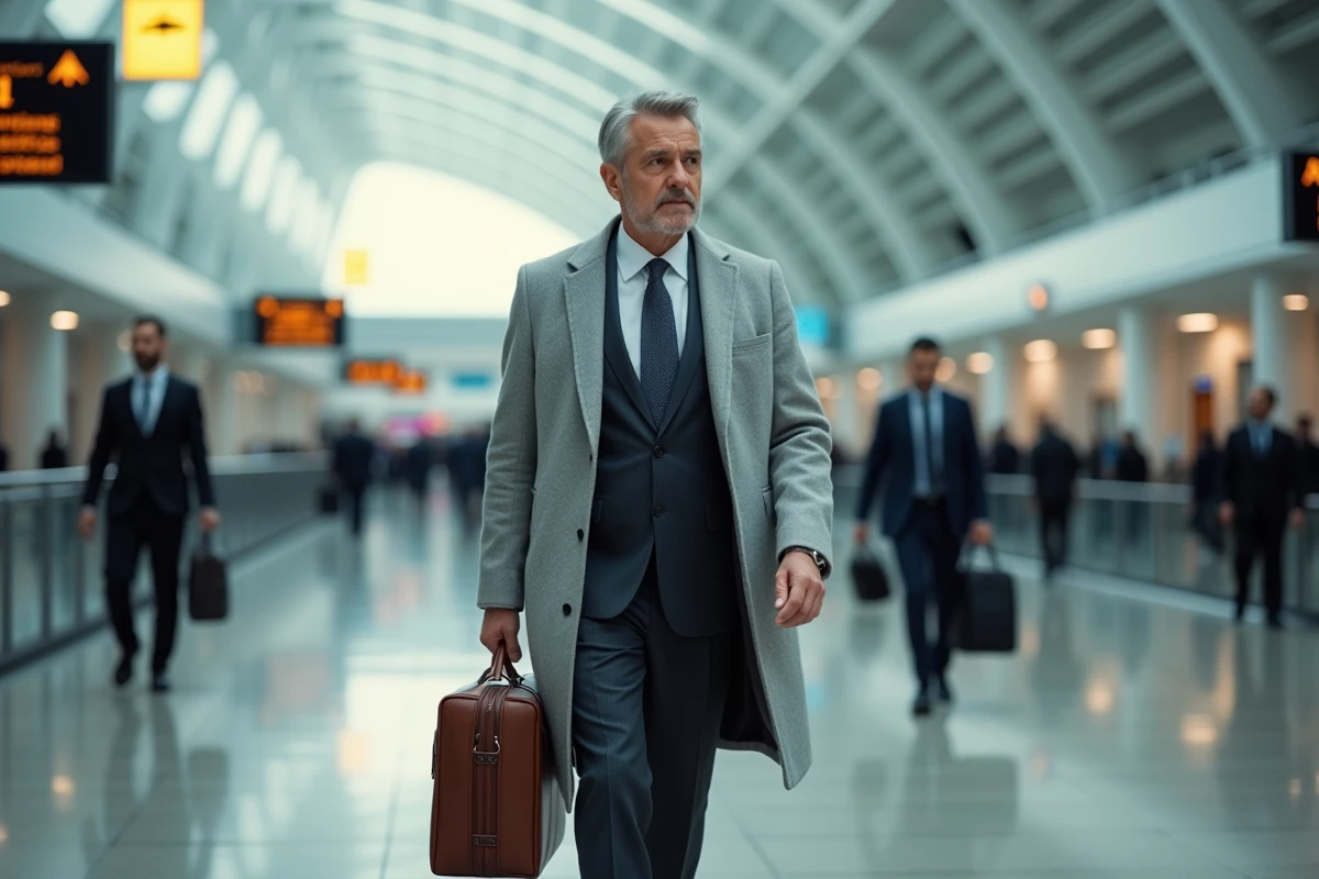 Dirigeant d'entreprise marchant dans un terminal d'aéroport international avec une mallette en cuir