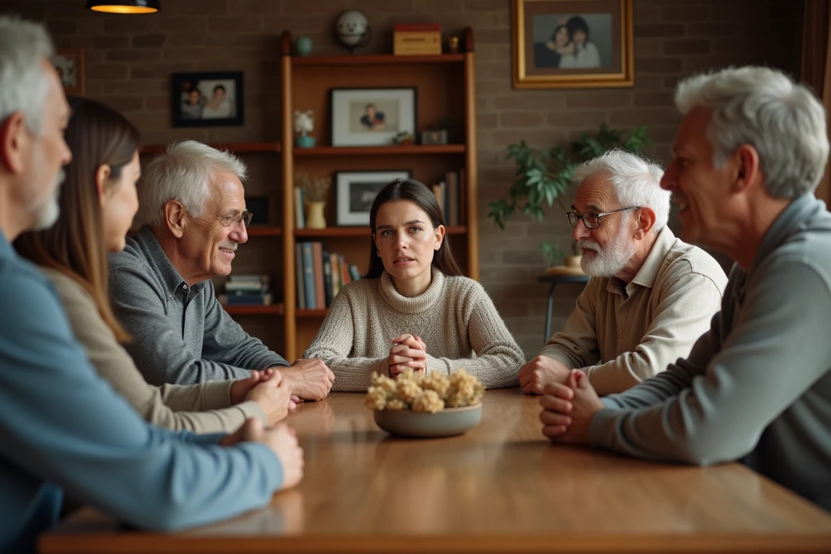 Discussion familiale intergénérationnelle autour d'une table sur le thème du mariage et de la religion