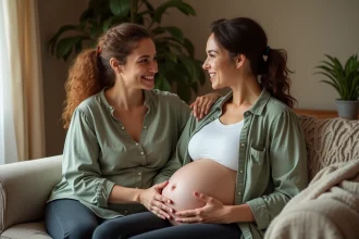 Une doula accompagne une femme enceinte à domicile, assise sur un canapé, tenant ses mains avec bienveillance dans un salon chaleureux