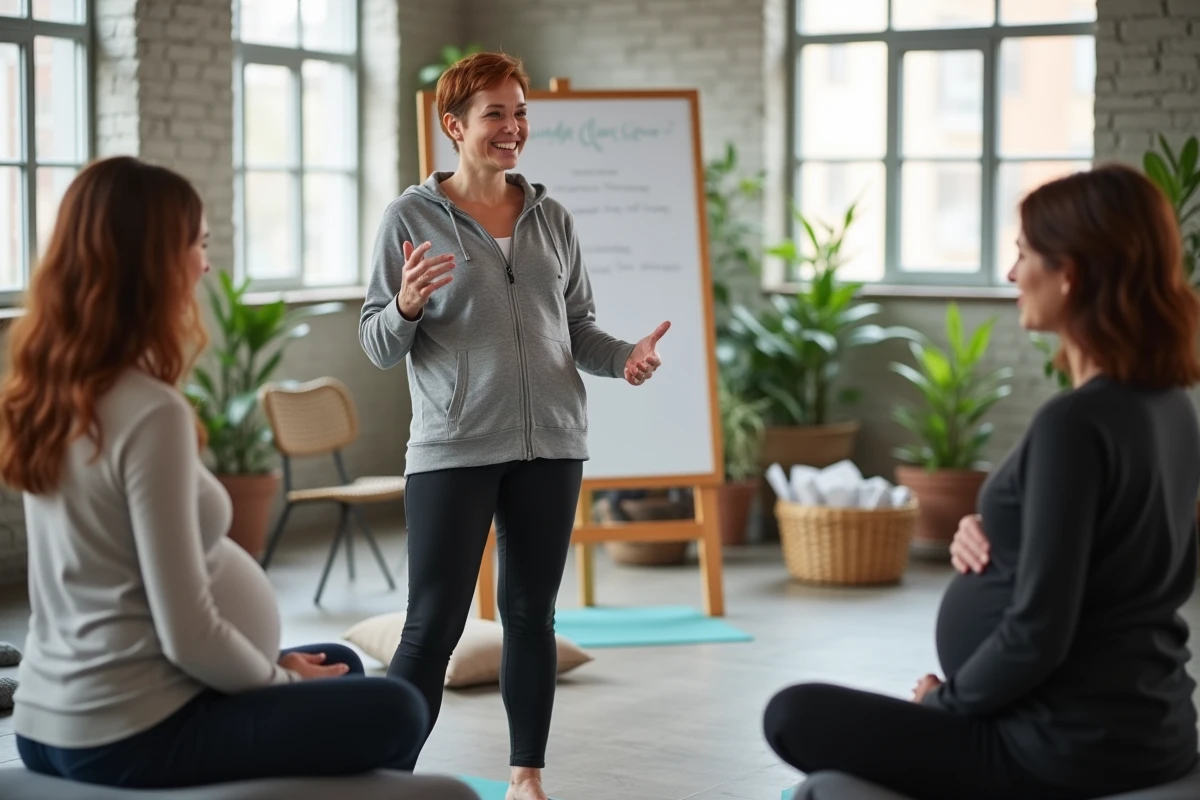 Une doula anime un atelier prénatal en groupe dans un centre communautaire lumineux, entourée de femmes enceintes assises en cercle sur des tapis de yoga