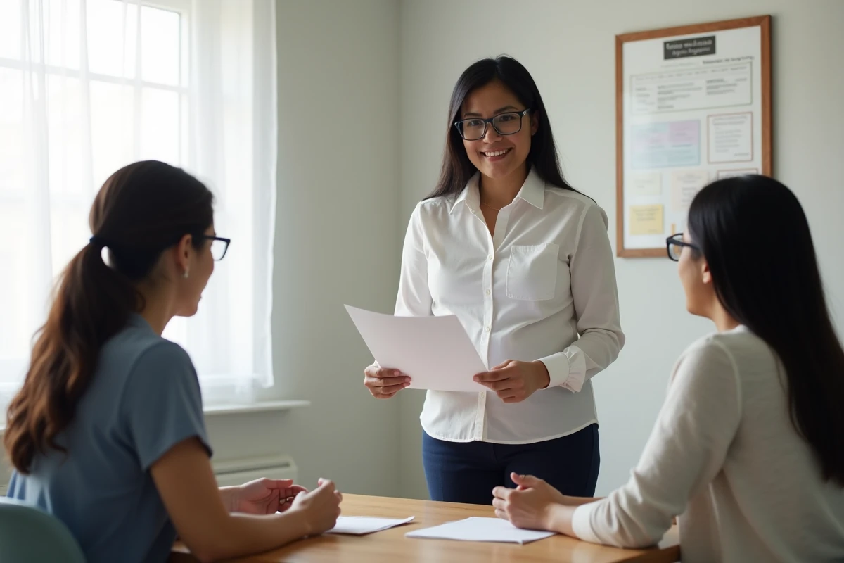 Une doula professionnelle en consultation dans une clinique de maternité, assise avec un couple autour d'une table en bois dans un cadre médical neutre