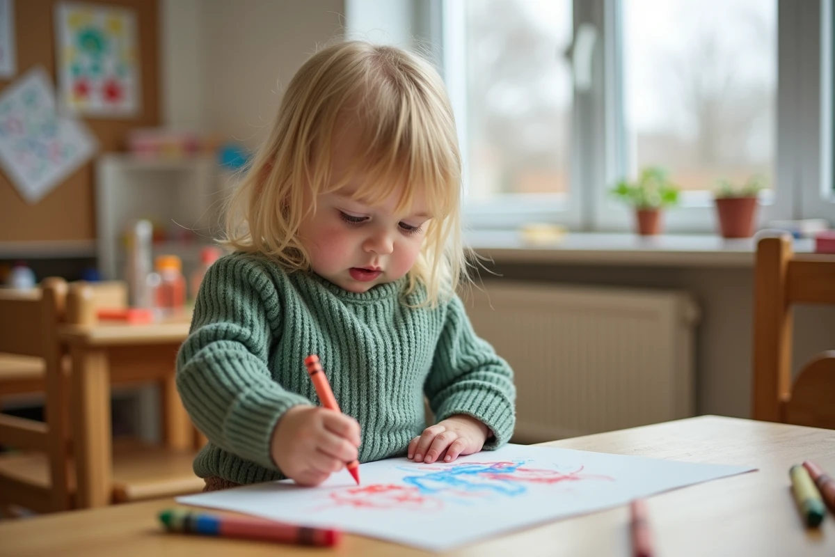 Enfant de 2 ans dessinant avec des crayons dans une crèche, illustrant le développement cognitif et moteur à cet âge