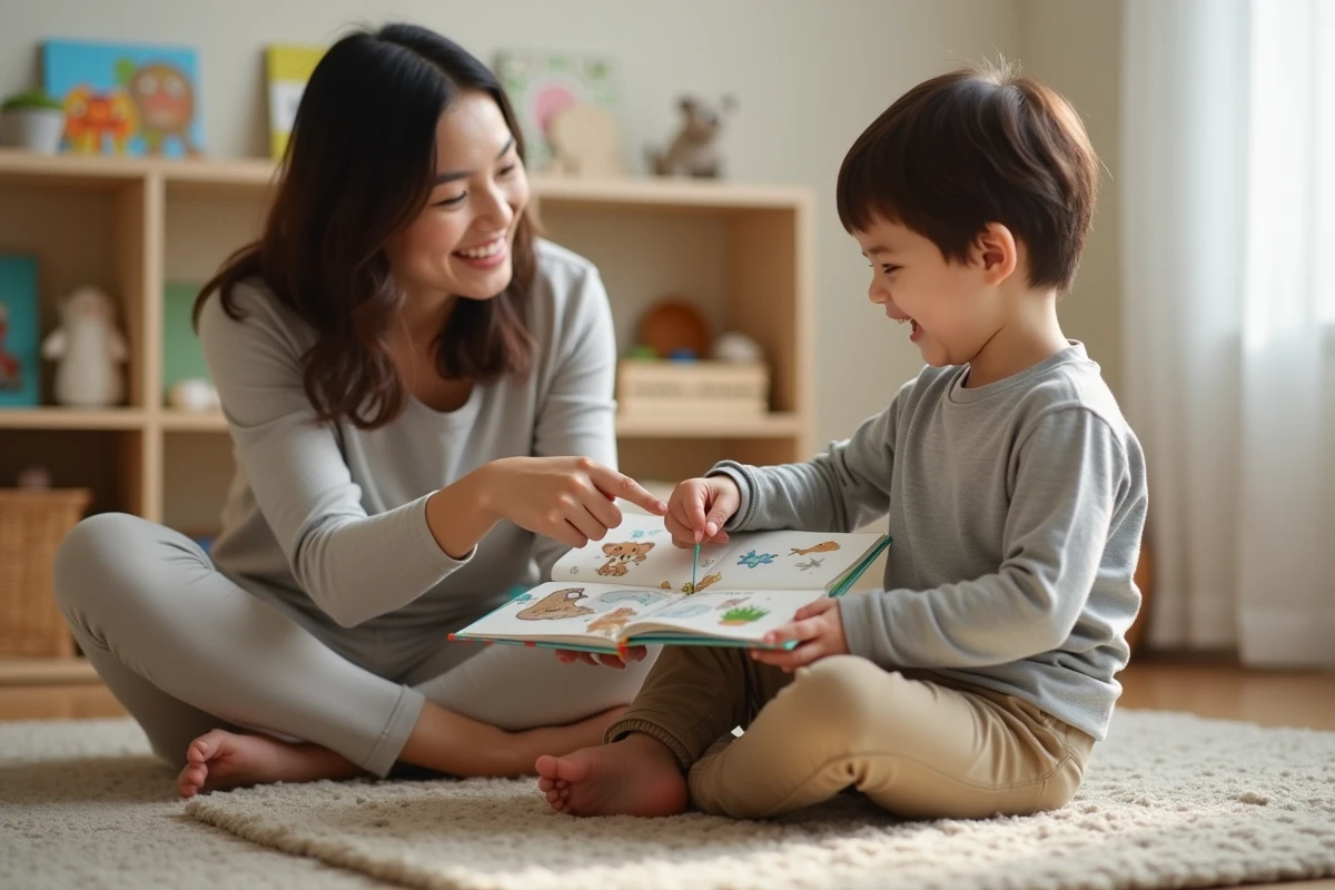 Enfant de 2 ans qui pointe des animaux dans un livre illustré avec sa mère lors d'une étape clé du développement du langage