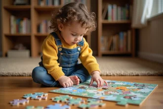 Petite fille de 3 ans concentrée sur un puzzle à grandes pièces colorées posé sur un parquet en bois