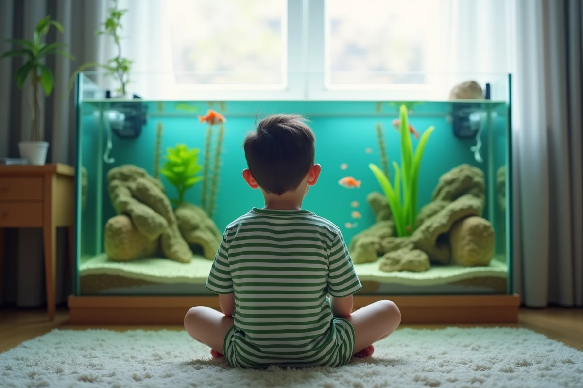 Garçon assis devant un aquarium de poissons tropicaux, animal peu contraignant pour les enfants