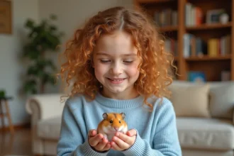 Jeune fille tenant un hamster doré dans ses mains, animal de compagnie facile d'entretien pour enfant