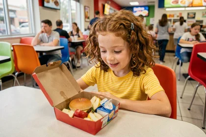 Jeune fille découvrant un menu Happy Meal avec burger, pommes et lait dans un restaurant McDonald's en France
