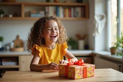Petite fille heureuse en robe jaune qui déballe un cadeau coloré à une table en bois dans une maison familiale chaleureuse