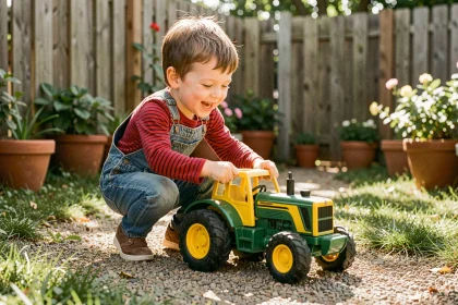 Enfant jouant avec un jouet tracteur agricole vert et jaune dans un jardin