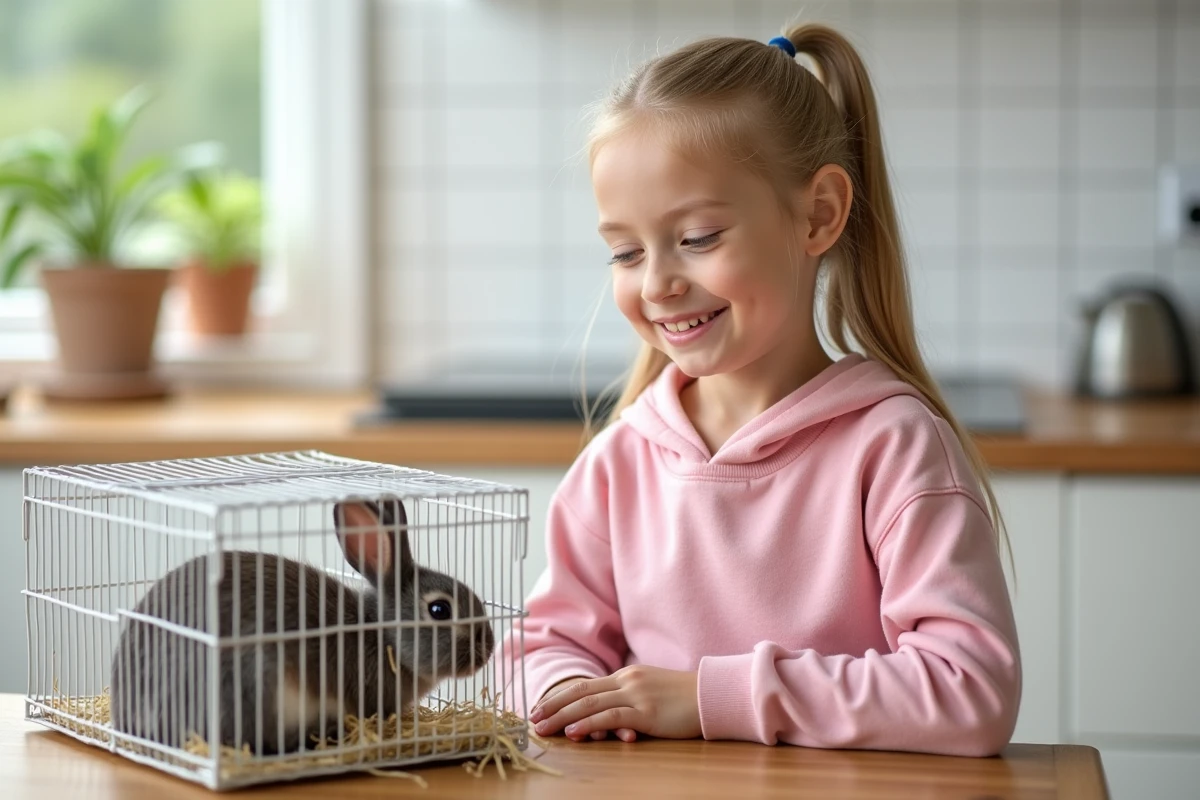Fillette souriante avec un lapin nain dans une cage blanche, animal de compagnie simple à entretenir pour enfant