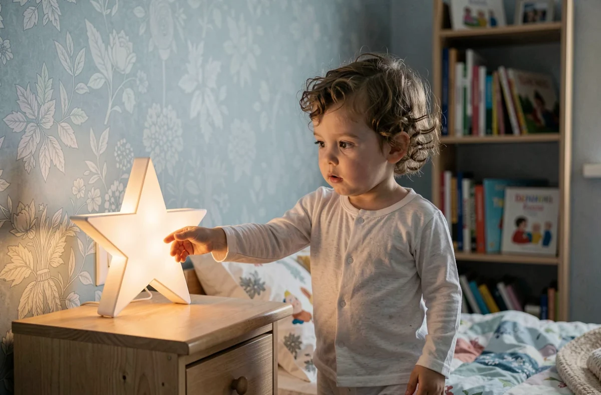 Tout-petit en pyjama touchant une veilleuse étoile musicale sur une table de nuit dans une chambre douillette