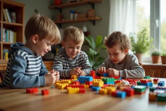 Trois enfants de 8 ans construisant avec des LEGO autour d'une table en bois dans un intérieur familial chaleureux