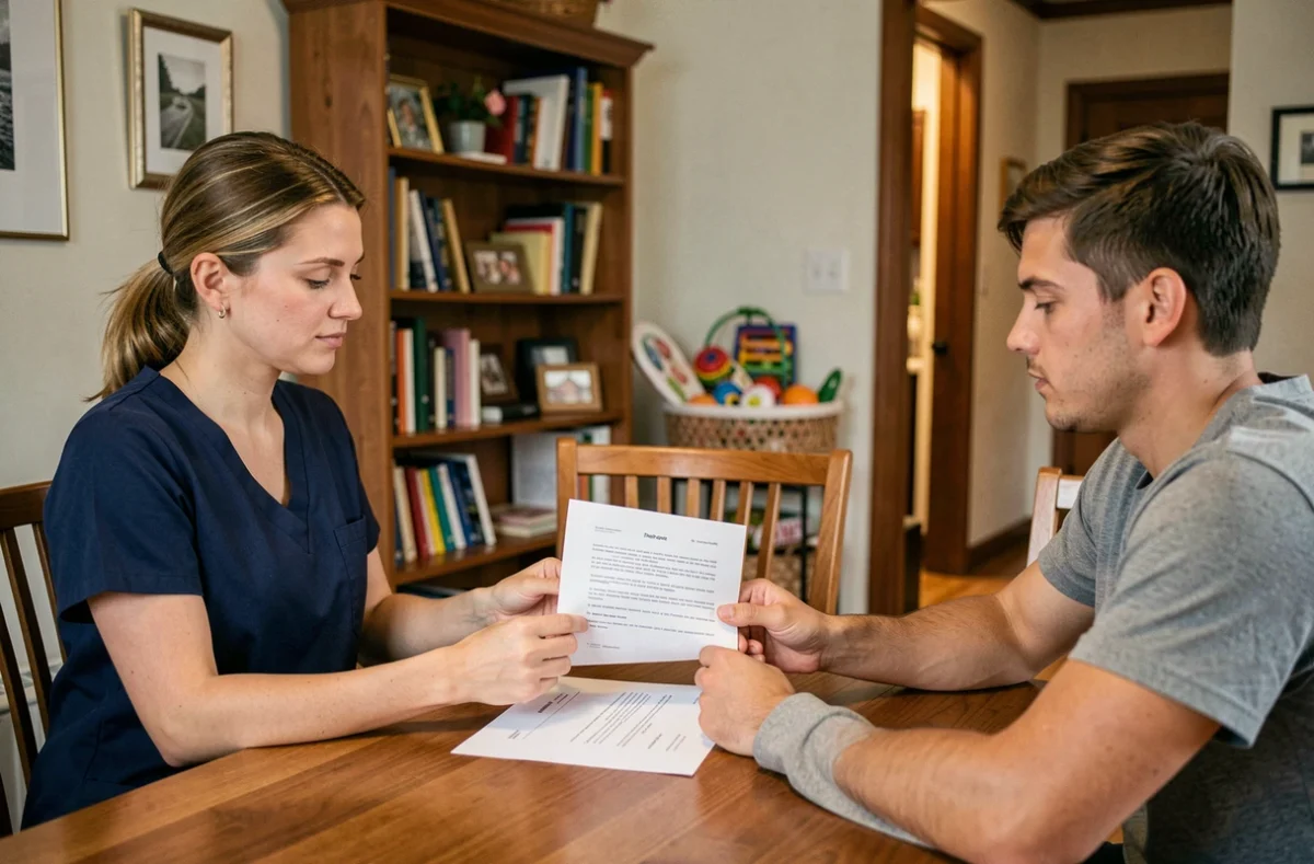 Entretien entre parents de jumeaux et nounou de nuit pour discuter des tarifs et du contrat