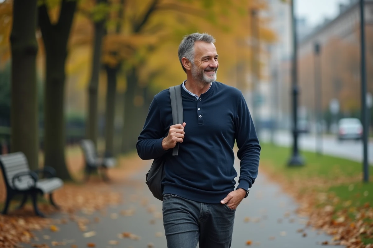 Homme se promenant dans un parc urbain en automne pour déconnecter du travail et retrouver un équilibre de vie