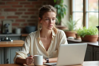 Femme prenant une pause bien méritée à la maison, symbolisant l'équilibre entre vie professionnelle et personnelle