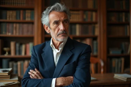 Portrait d'un écrivain distingué aux cheveux grisonnants dans une bibliothèque parisienne, illustrant l'univers d'Éric-Emmanuel Schmitt