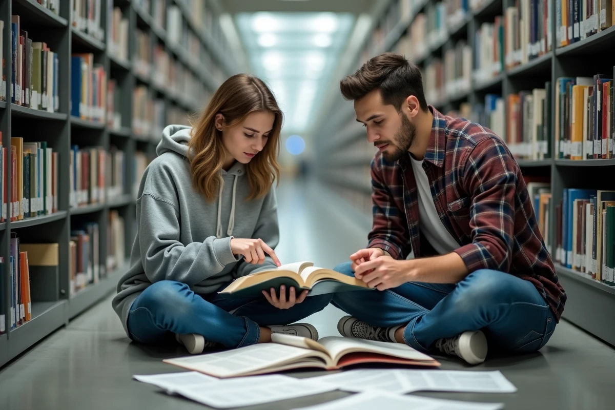 Deux étudiants universitaires collaborant sur leurs recherches assis sur le sol d'une bibliothèque entourés de manuels et d'articles imprimés