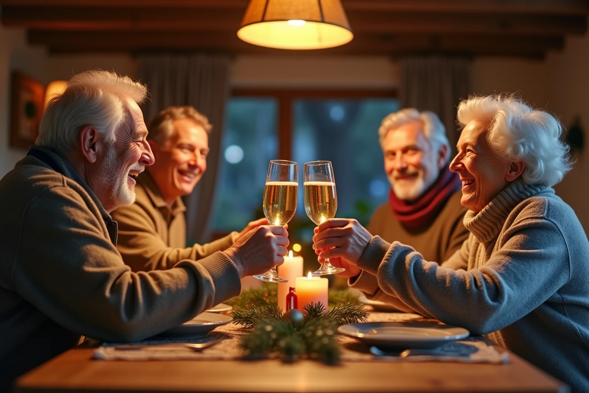Famille multigénérationnelle portant un toast et échangeant des vœux autour d'une table de fête