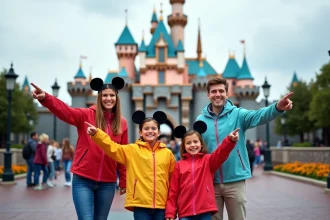 Famille heureuse avec enfants portant des oreilles Mickey devant un château de parc Disney en Europe