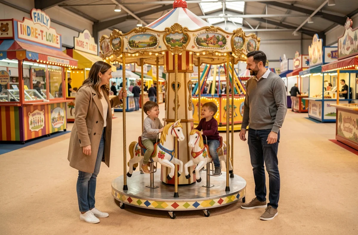 Famille profitant des attractions du Family Park, parc d'attractions familial en Indre-et-Loire avec carrousel intérieur