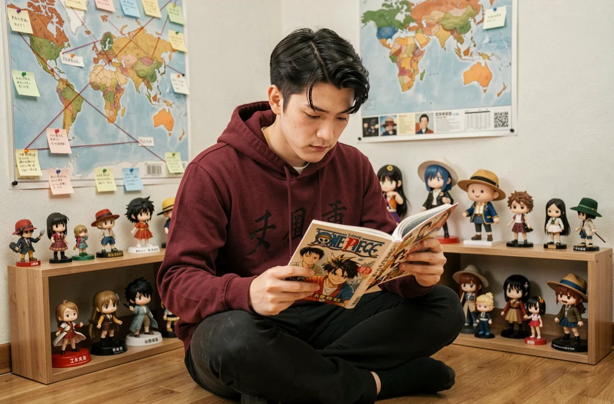 Fan de One Piece lisant un tome manga dans sa chambre décorée de figurines, analysant la théorie du frère de Shanks