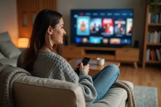 Femme indécise assise sur un canapé en lin beige qui parcourt le catalogue Netflix sur une télévision grand écran dans un salon cosy