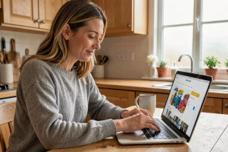 Femme utilisant un code promo sur un site de jouets en bois depuis son ordinateur portable dans une cuisine chaleureuse