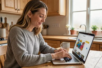 Femme utilisant un code promo sur un site de jouets en bois depuis son ordinateur portable dans une cuisine chaleureuse