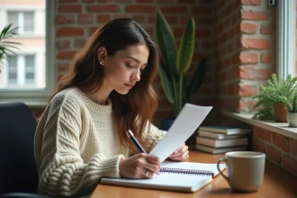 Jeune femme prenant des notes manuscrites à un bureau en bois dans un bureau à domicile chaleureux pour illustrer la façon dont les gens font leurs recherches