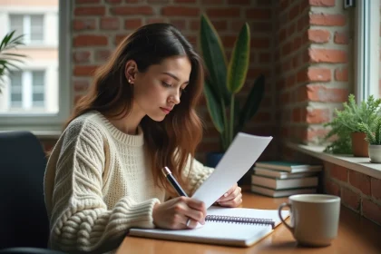 Jeune femme prenant des notes manuscrites à un bureau en bois dans un bureau à domicile chaleureux pour illustrer la façon dont les gens font leurs recherches