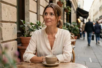 Femme élégante dans la quarantaine assise à une terrasse de café parisien, regard pensif et atmosphère romantique et intimiste