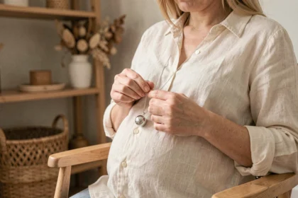 Femme enceinte tenant un bola de grossesse en argent dans une chambre de bébé décorée naturellement