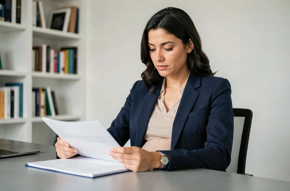 Femme enceinte en blazer marine assise à un bureau moderne, alliant vie professionnelle et maternité