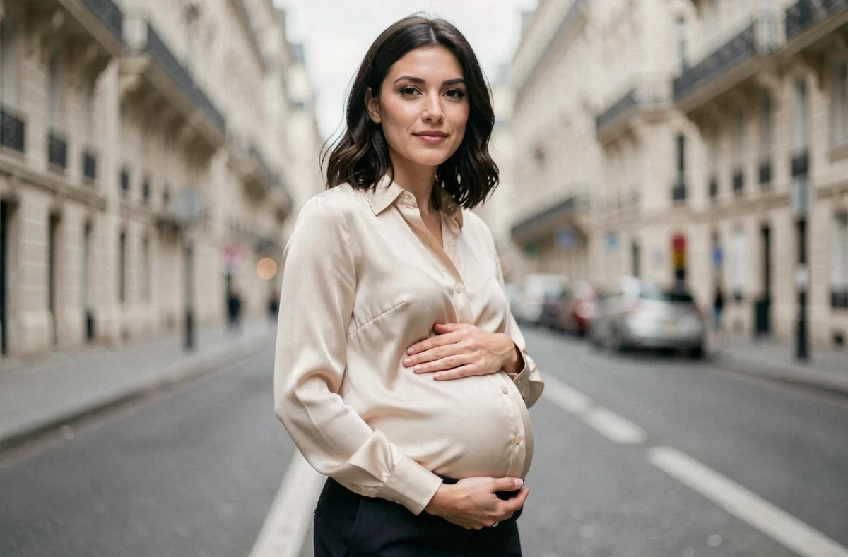 Femme enceinte aux cheveux noirs tenant son ventre rond dans une rue parisienne, photo éditoriale réaliste