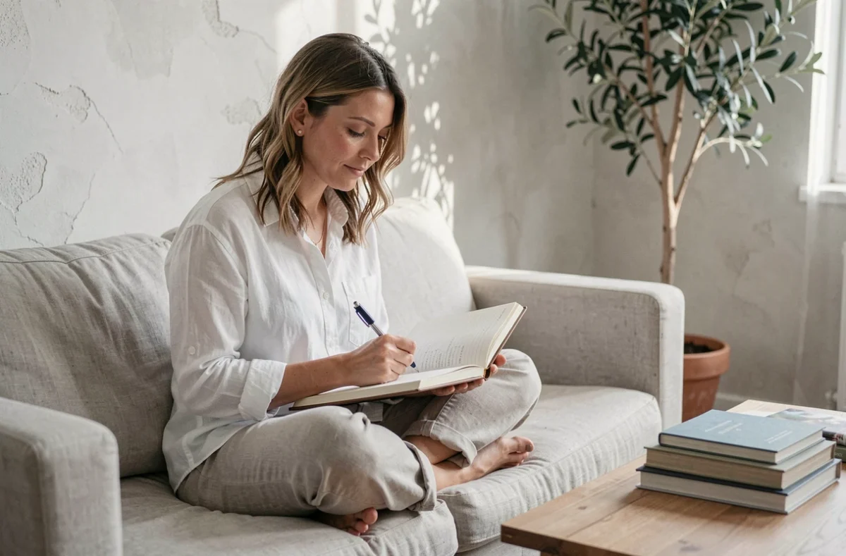 Femme écrivant dans un journal intime chez elle, symbolisant le travail sur soi et la reconstruction personnelle après une relation avec un homme marié