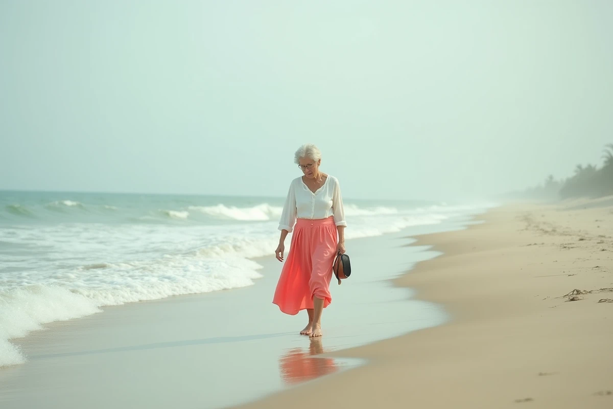 Femme mature marchant pieds nus sur la plage en contemplation illustrant l'art de profiter de la vie