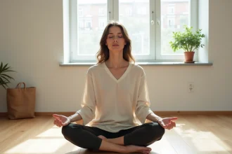 Femme pratiquant la méditation assise pour un reset mental dans une pièce épurée et lumineuse