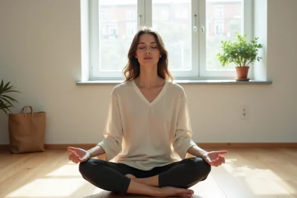 Femme pratiquant la méditation assise pour un reset mental dans une pièce épurée et lumineuse
