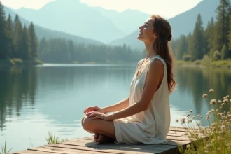 Femme souriante profitant d'un moment de sérénité au bord d'un lac naturel sur un ponton en bois