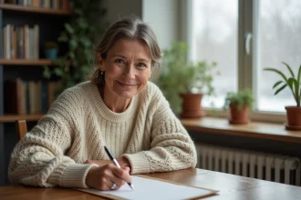Femme écrivant des vœux à la main sur une carte de vœux avec un stylo plume à son bureau en bois