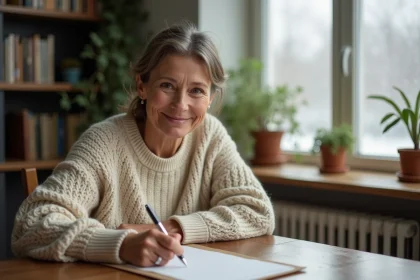 Femme écrivant des vœux à la main sur une carte de vœux avec un stylo plume à son bureau en bois